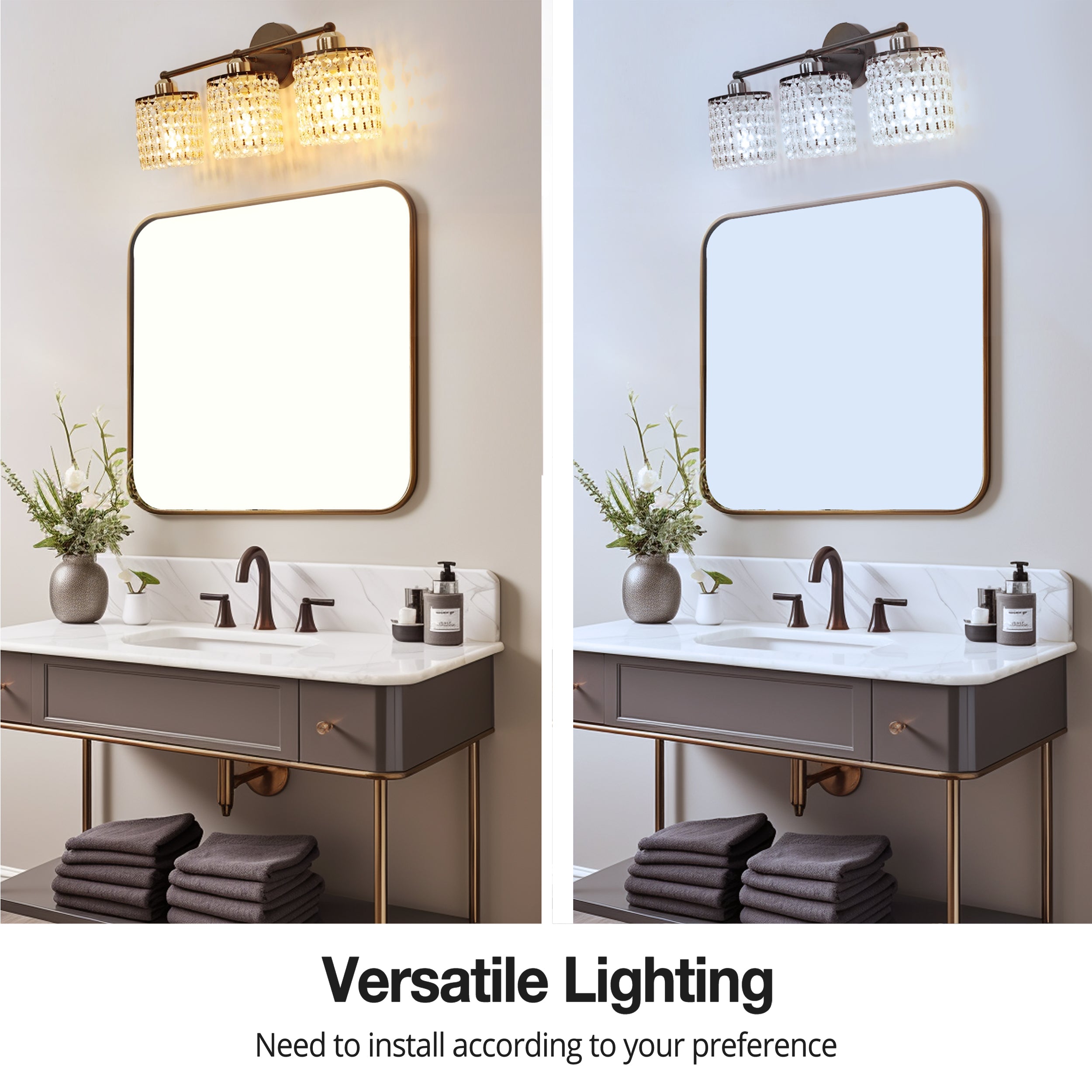Crystal Tassel String Bathroom Lighting Fixtures Over Mirror,E26 Morden Vanity Wall Sconces Light with Crystal Chain,Modern Brushed Nickel Bathroom Lights JW-CL015