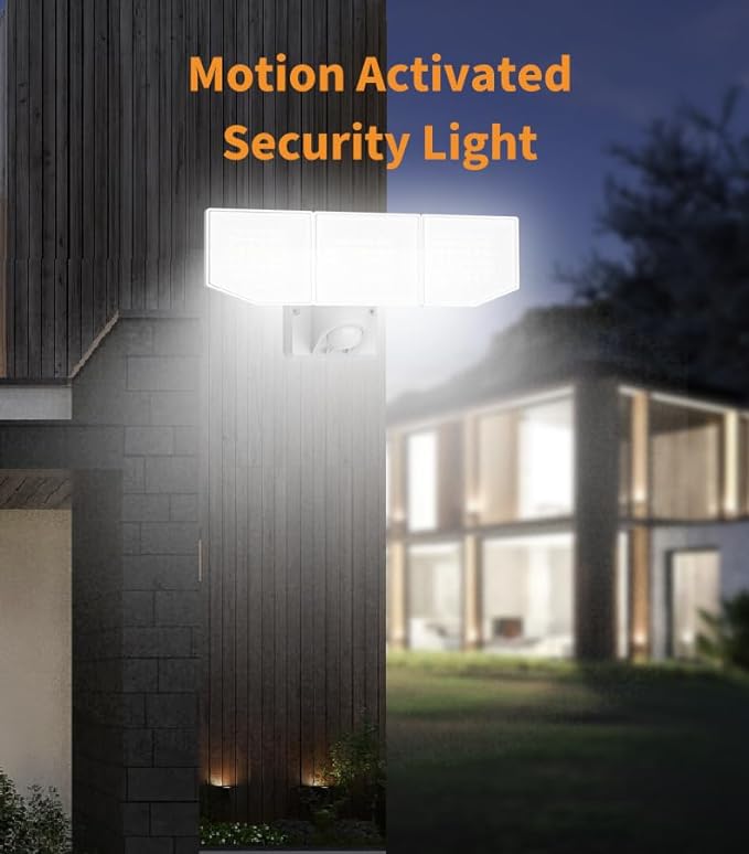 Motion Sensor Outdoor Lights, 38W 8000LM LED Security Lights, 3 Head Adjustable Motion Detected Flood Lights, IP65 Waterproof, 6500K OL002