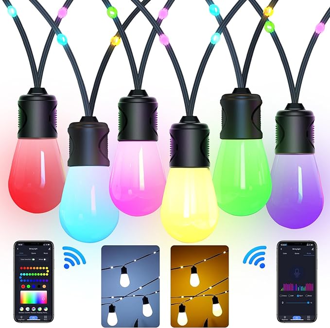 Smart Outdoor String Lights, 50ft RGB Warm White LED Bulbs, WiFi Patio Lights Work with Alexa, APP Control, IP65 Waterproof, Dimmable OL010