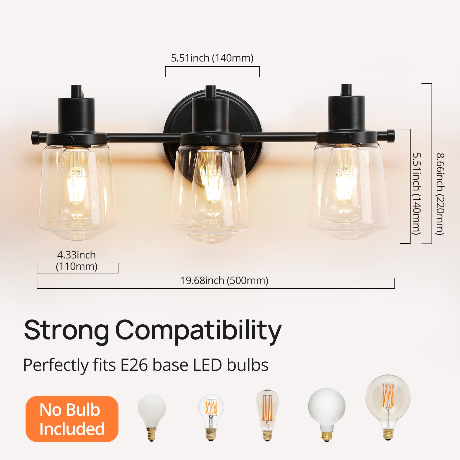4-Light Bathroom Light Fixtures,Vanity Light, Bathroom Lighting with Clear Glass Lampshade, Dimmable CL012