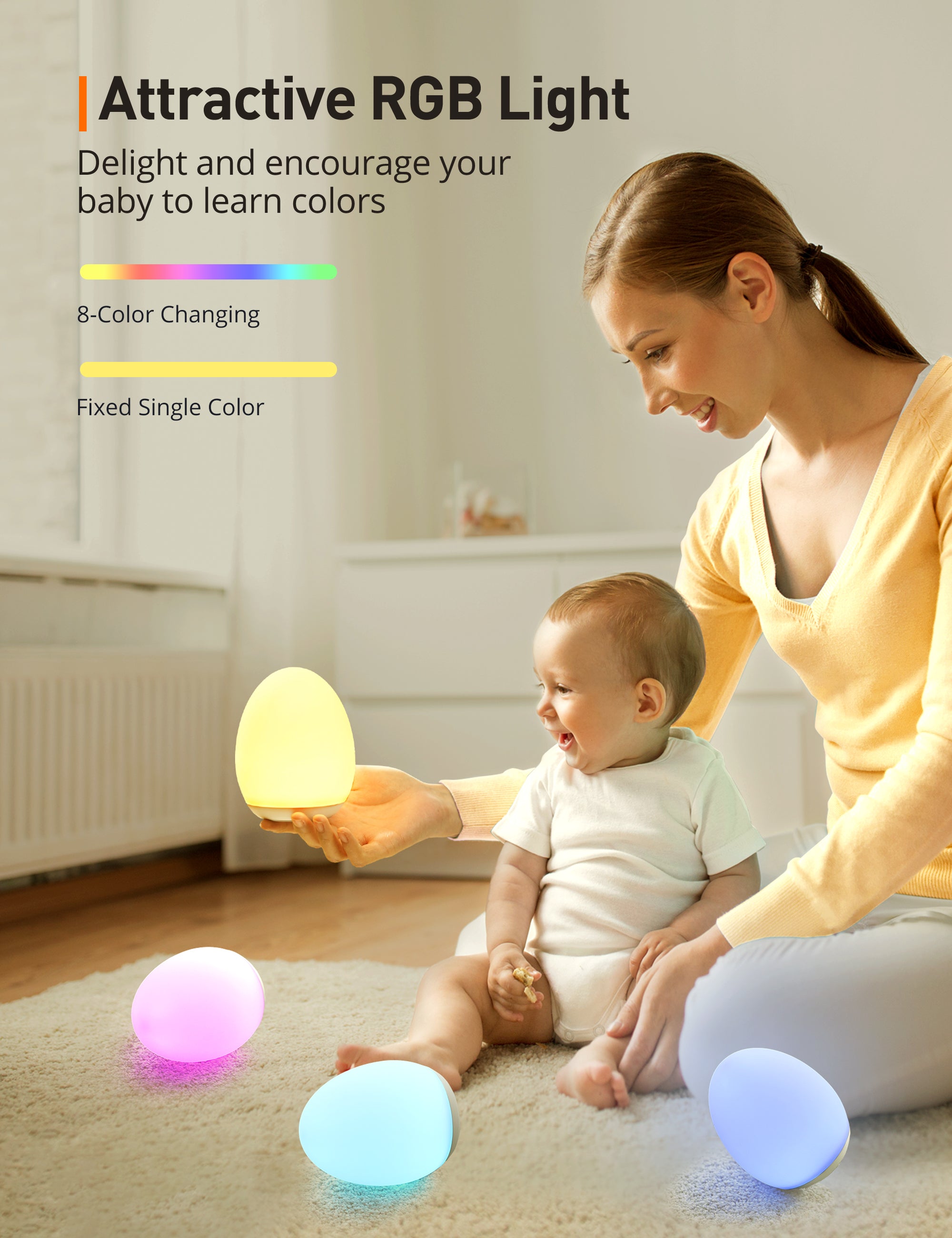 Baby Night Light, Stepless Dimming/RGB Colorful Light, 100 Hours Continuous Lighting, Safe Silicone Material, USB Charging, Touch Type  CL009