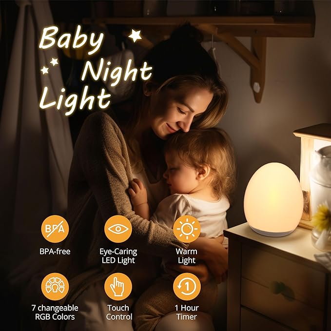 Night Lights for Kids, Rechargeable Baby Night Light with 8 Color Changing Mode & Dimming Function, Touch Control, 1 Hour Timer CL002